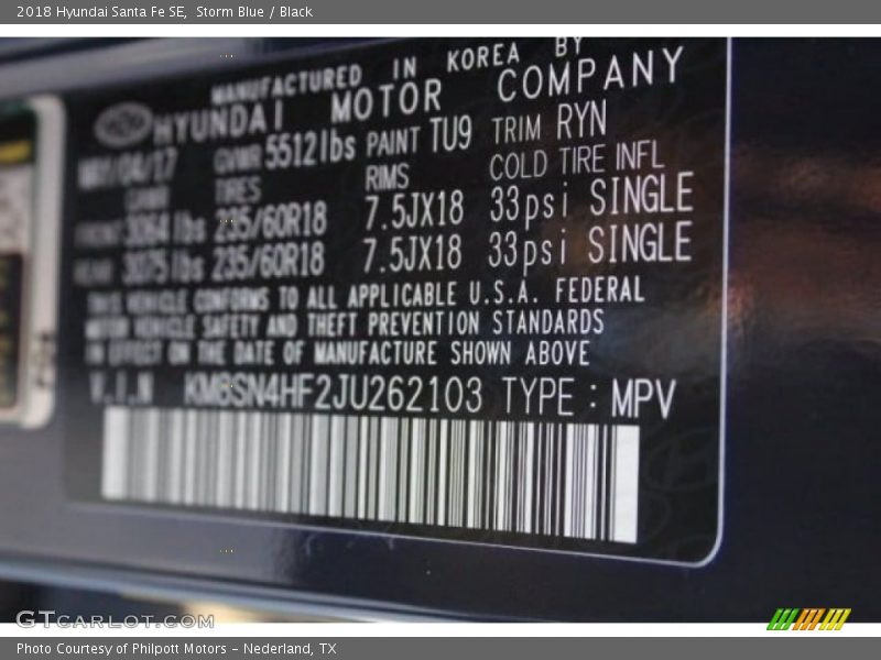 Storm Blue / Black 2018 Hyundai Santa Fe SE