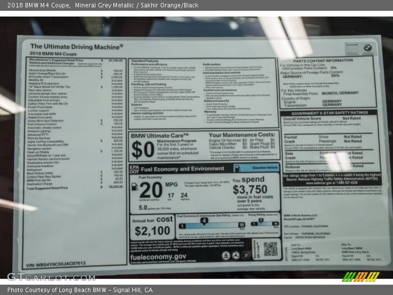 Mineral Grey Metallic / Sakhir Orange/Black 2018 BMW M4 Coupe