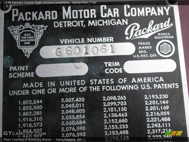 Info Tag of 1948 Custom Eight Victoria Convertible