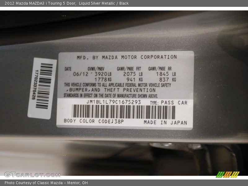 Liquid Silver Metallic / Black 2012 Mazda MAZDA3 i Touring 5 Door