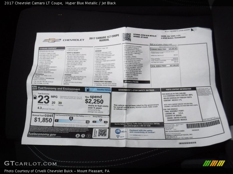 Hyper Blue Metallic / Jet Black 2017 Chevrolet Camaro LT Coupe