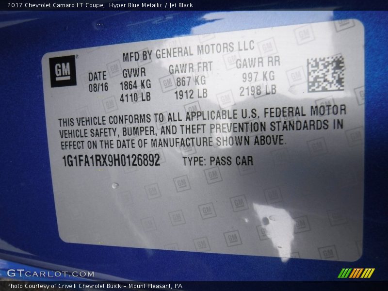 Hyper Blue Metallic / Jet Black 2017 Chevrolet Camaro LT Coupe