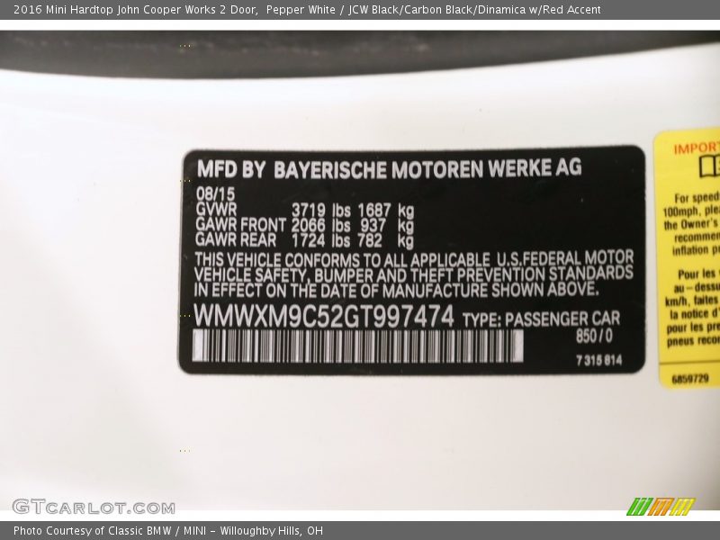 Pepper White / JCW Black/Carbon Black/Dinamica w/Red Accent 2016 Mini Hardtop John Cooper Works 2 Door