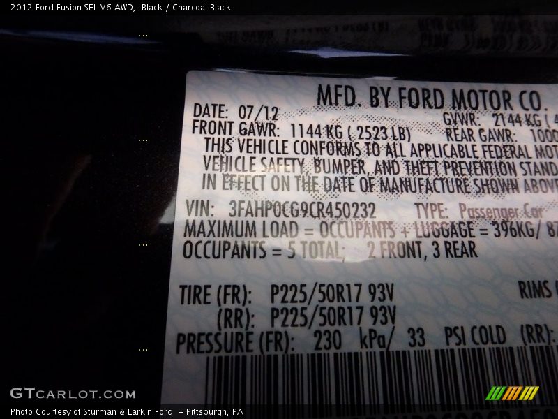 Black / Charcoal Black 2012 Ford Fusion SEL V6 AWD