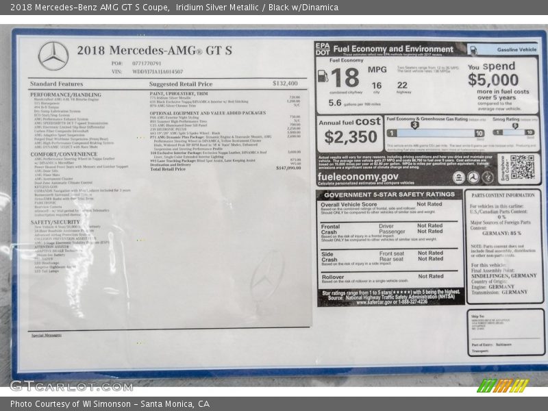  2018 AMG GT S Coupe Window Sticker