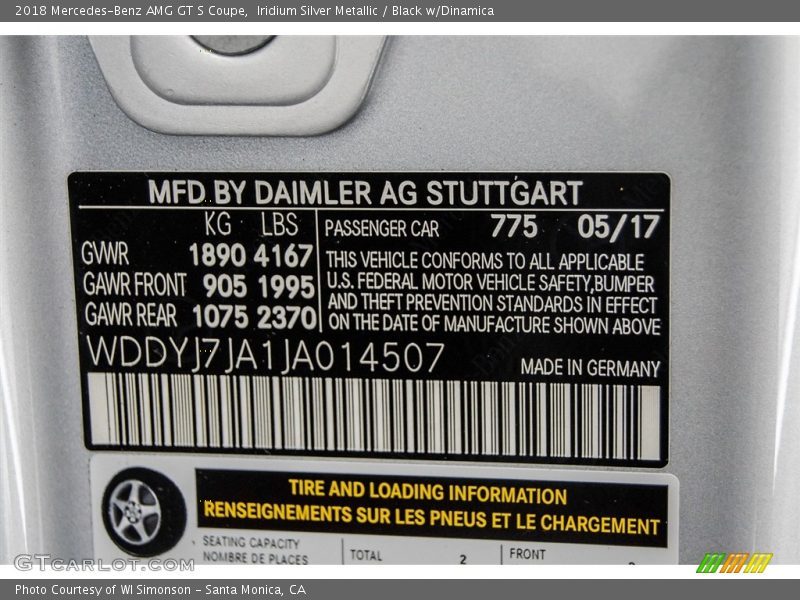 2018 AMG GT S Coupe Iridium Silver Metallic Color Code 775
