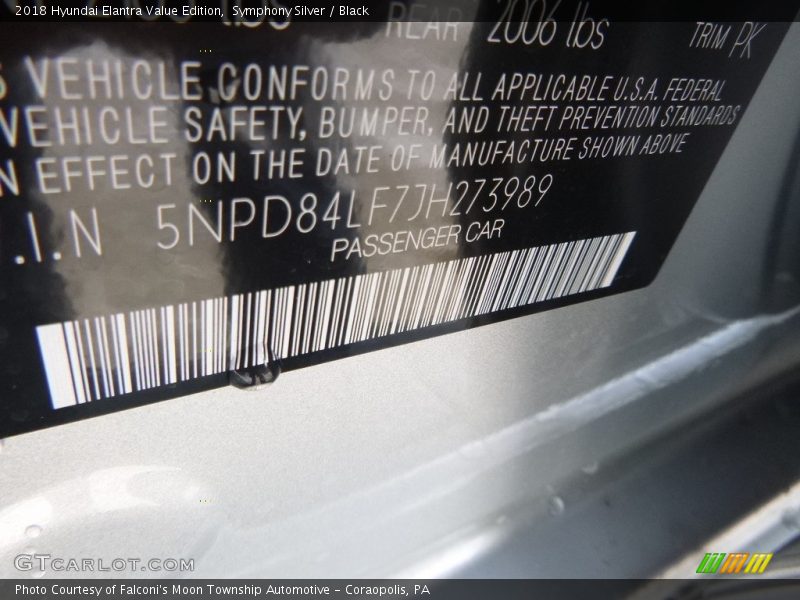 Symphony Silver / Black 2018 Hyundai Elantra Value Edition