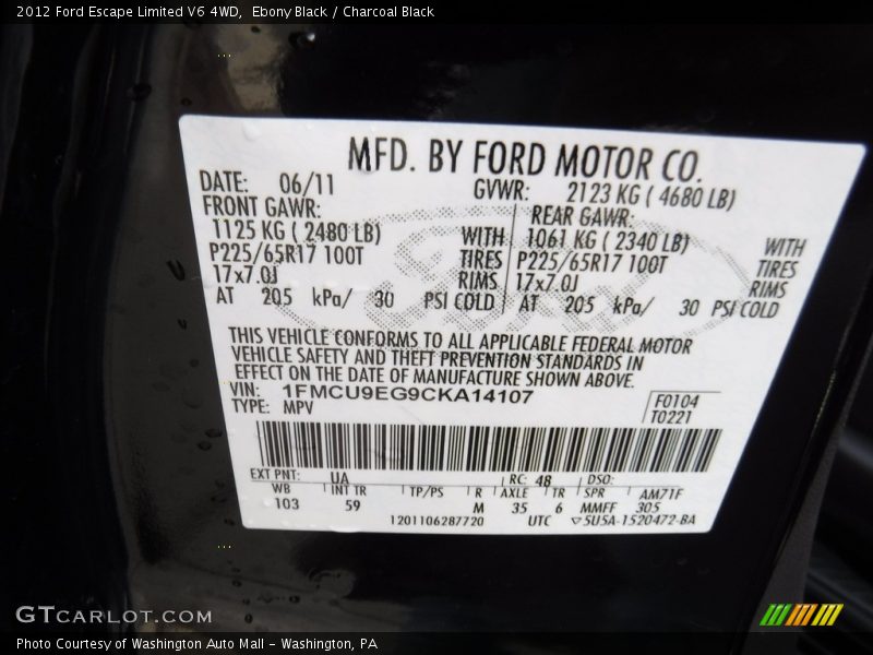 Ebony Black / Charcoal Black 2012 Ford Escape Limited V6 4WD