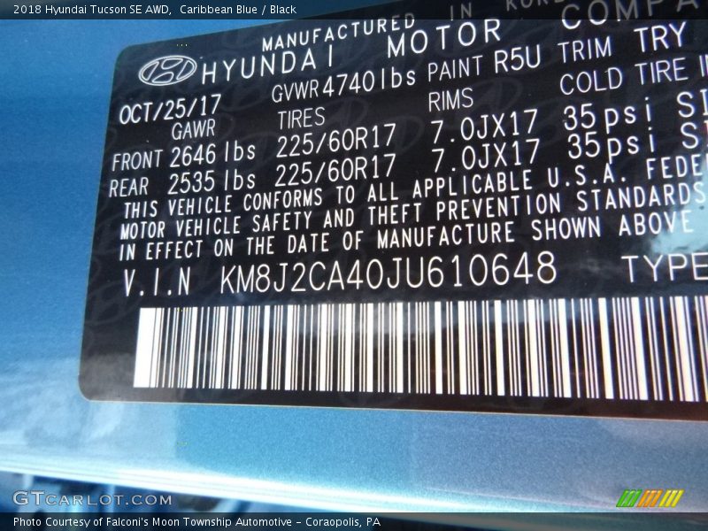 Caribbean Blue / Black 2018 Hyundai Tucson SE AWD
