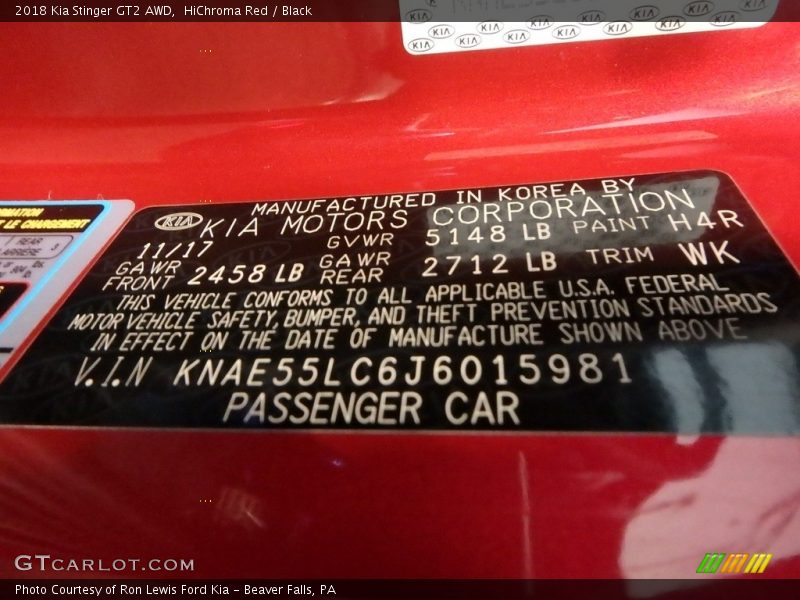 2018 Stinger GT2 AWD HiChroma Red Color Code H4R