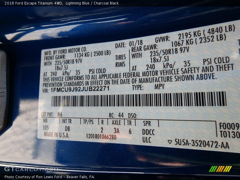 Lightning Blue / Charcoal Black 2018 Ford Escape Titanium 4WD