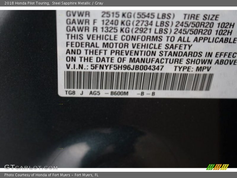Steel Sapphire Metallic / Gray 2018 Honda Pilot Touring