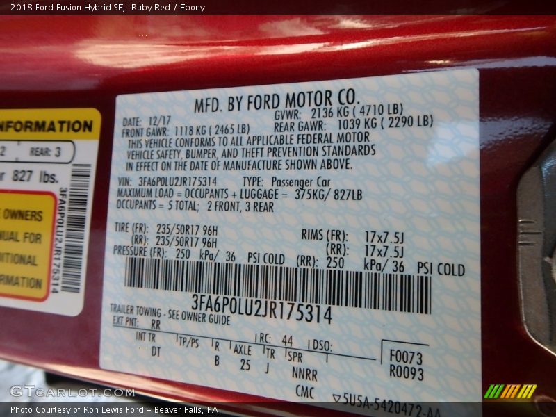 Ruby Red / Ebony 2018 Ford Fusion Hybrid SE