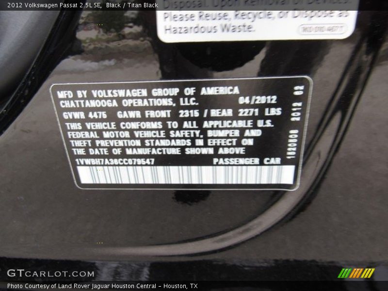 Black / Titan Black 2012 Volkswagen Passat 2.5L SE