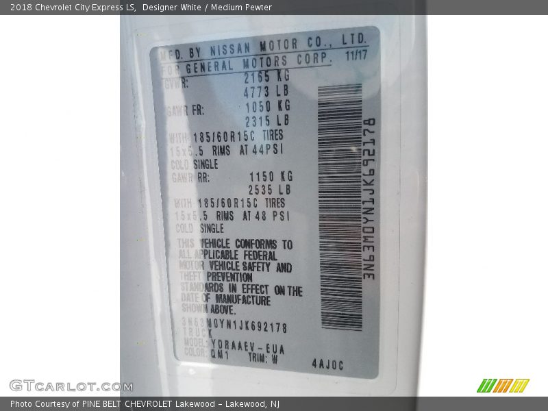 2018 City Express LS Designer White Color Code QM1