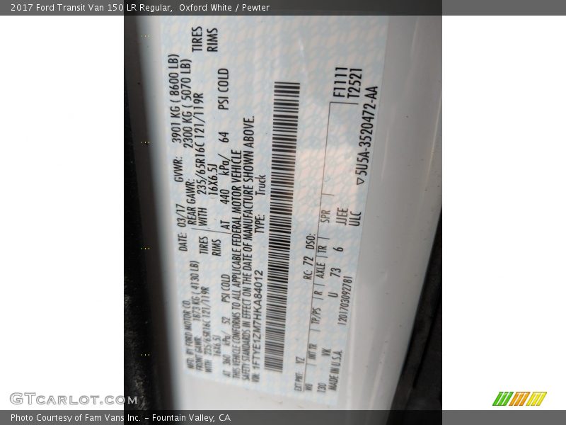 Oxford White / Pewter 2017 Ford Transit Van 150 LR Regular