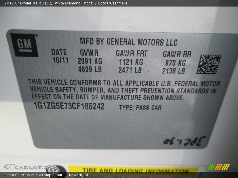 White Diamond Tricoat / Cocoa/Cashmere 2012 Chevrolet Malibu LTZ