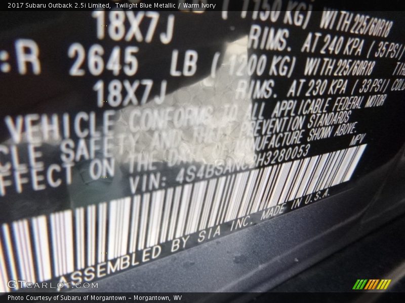 Twilight Blue Metallic / Warm Ivory 2017 Subaru Outback 2.5i Limited