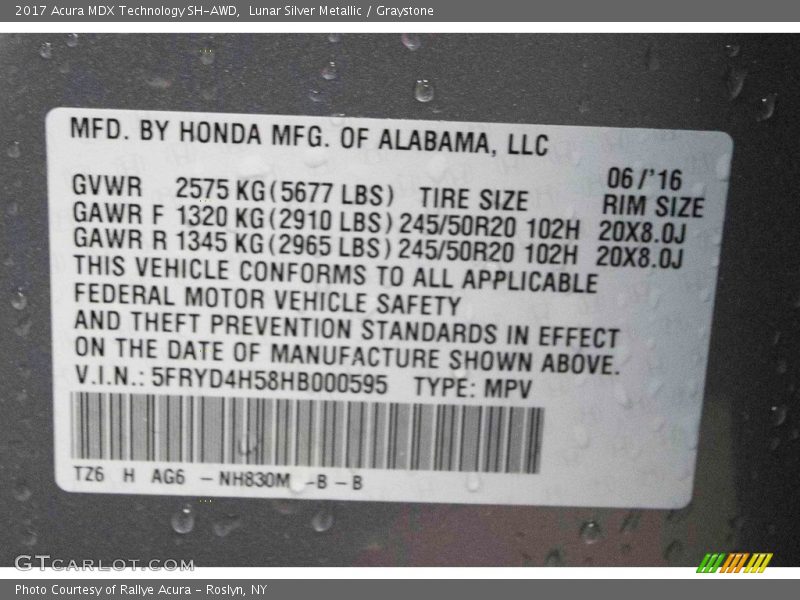 Lunar Silver Metallic / Graystone 2017 Acura MDX Technology SH-AWD