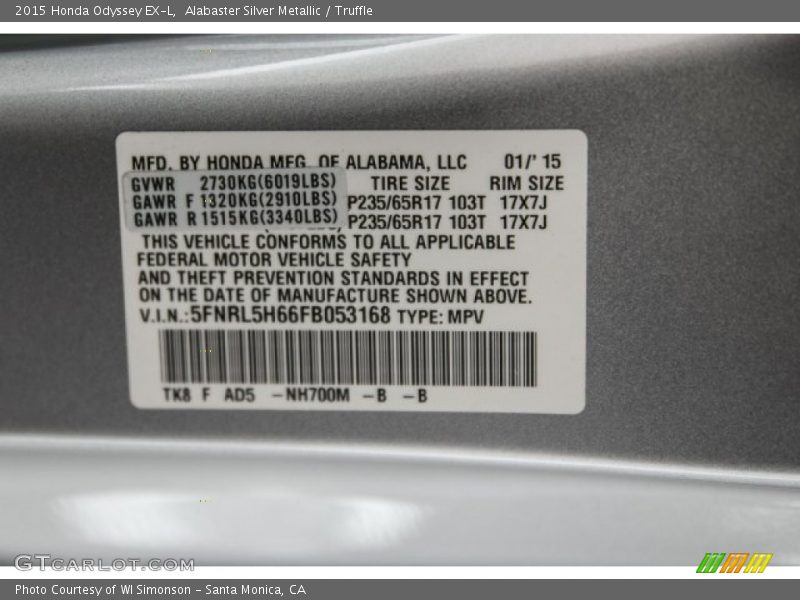 Alabaster Silver Metallic / Truffle 2015 Honda Odyssey EX-L