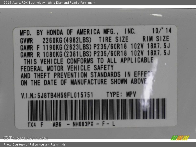 White Diamond Pearl / Parchment 2015 Acura RDX Technology