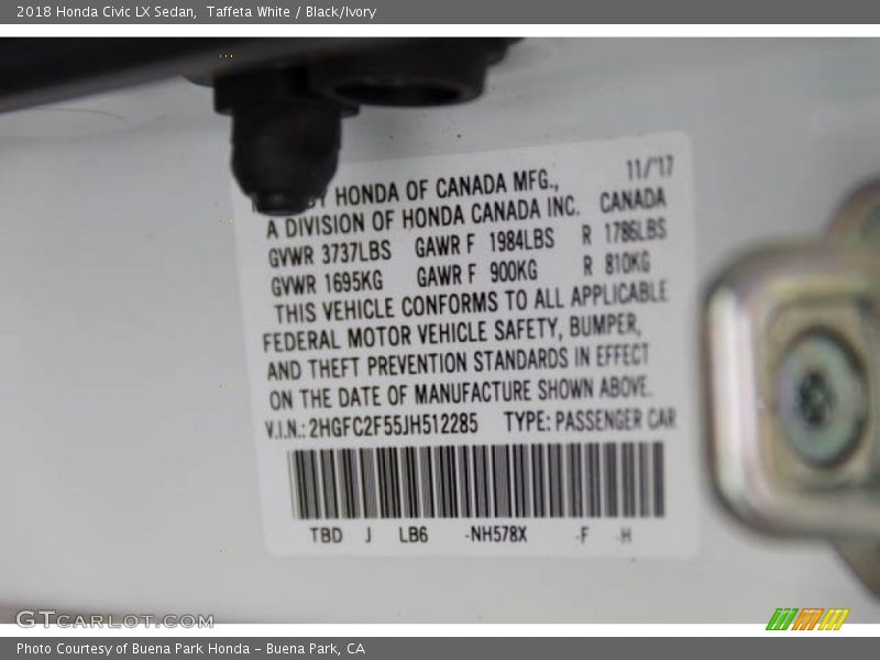 Taffeta White / Black/Ivory 2018 Honda Civic LX Sedan