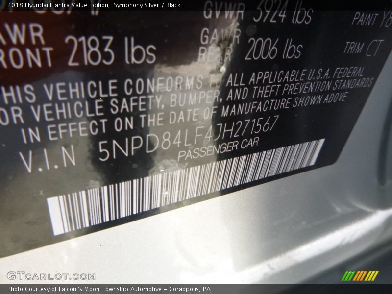 Symphony Silver / Black 2018 Hyundai Elantra Value Edition