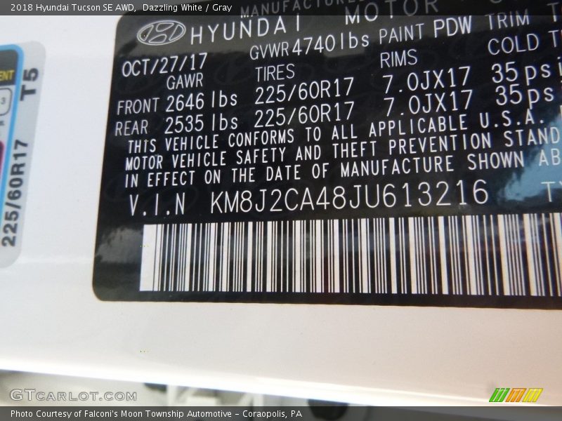 Dazzling White / Gray 2018 Hyundai Tucson SE AWD