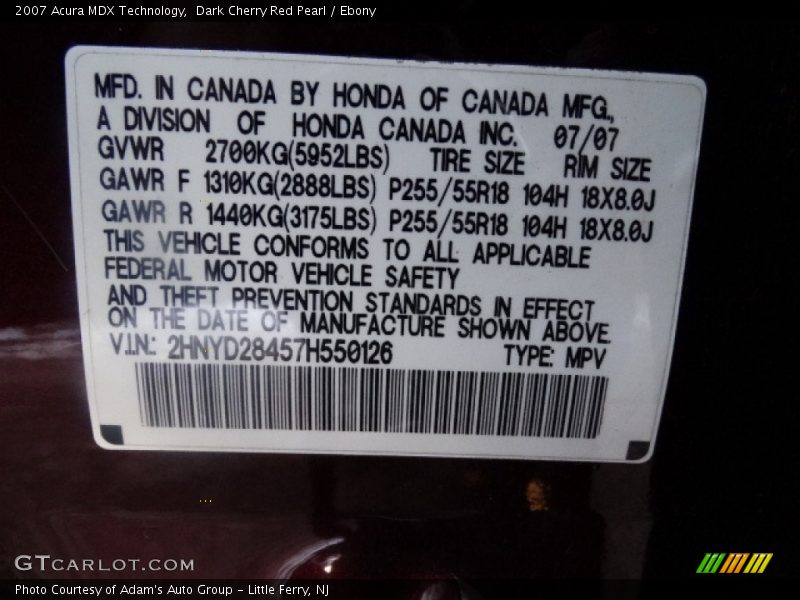 Dark Cherry Red Pearl / Ebony 2007 Acura MDX Technology
