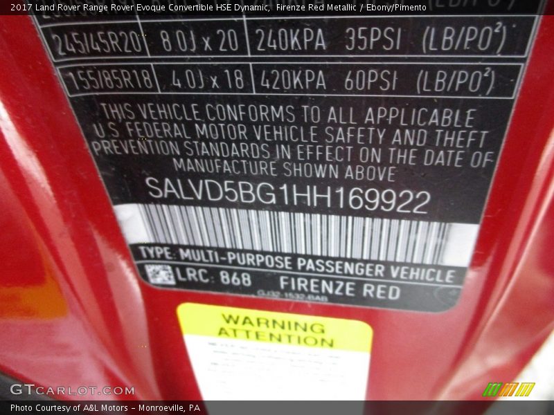 2017 Range Rover Evoque Convertible HSE Dynamic Firenze Red Metallic Color Code 868