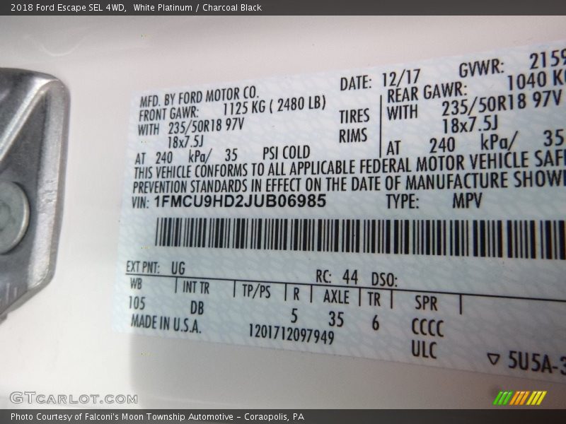 White Platinum / Charcoal Black 2018 Ford Escape SEL 4WD