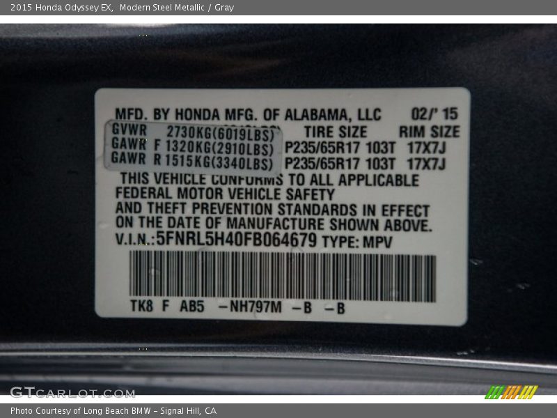 Modern Steel Metallic / Gray 2015 Honda Odyssey EX