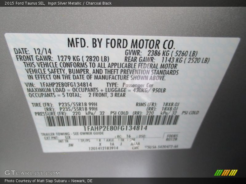 Ingot Silver Metallic / Charcoal Black 2015 Ford Taurus SEL