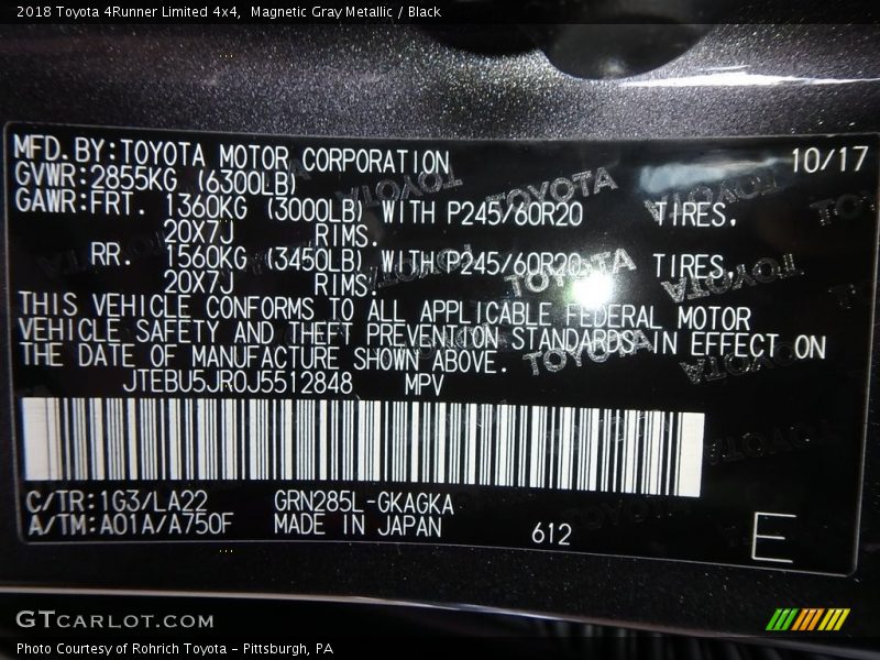 Magnetic Gray Metallic / Black 2018 Toyota 4Runner Limited 4x4