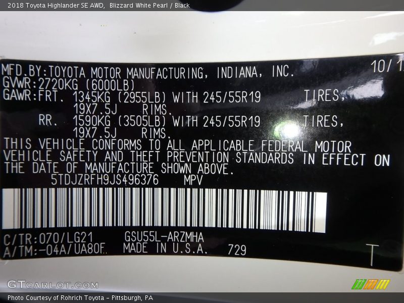 Blizzard White Pearl / Black 2018 Toyota Highlander SE AWD