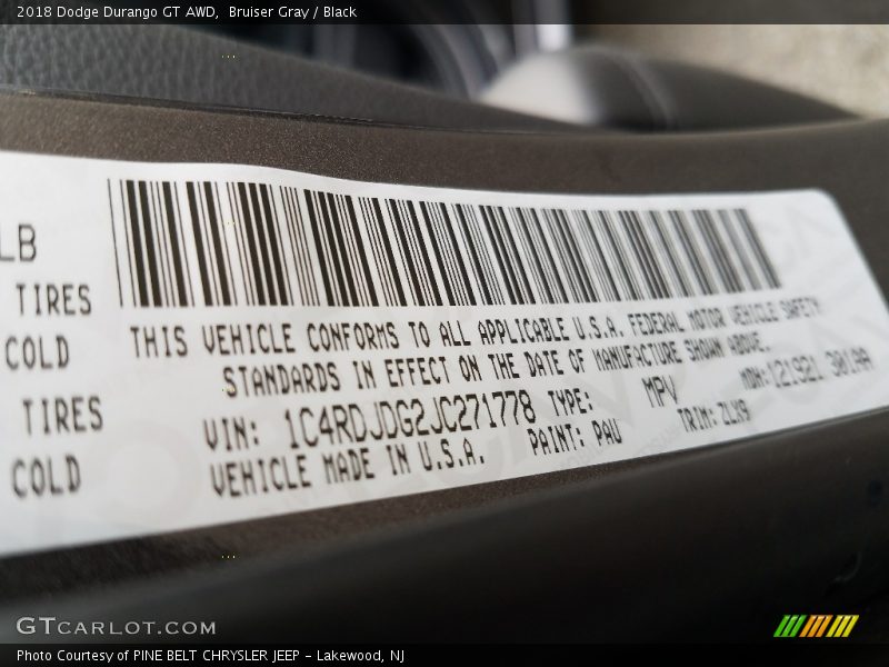 Bruiser Gray / Black 2018 Dodge Durango GT AWD