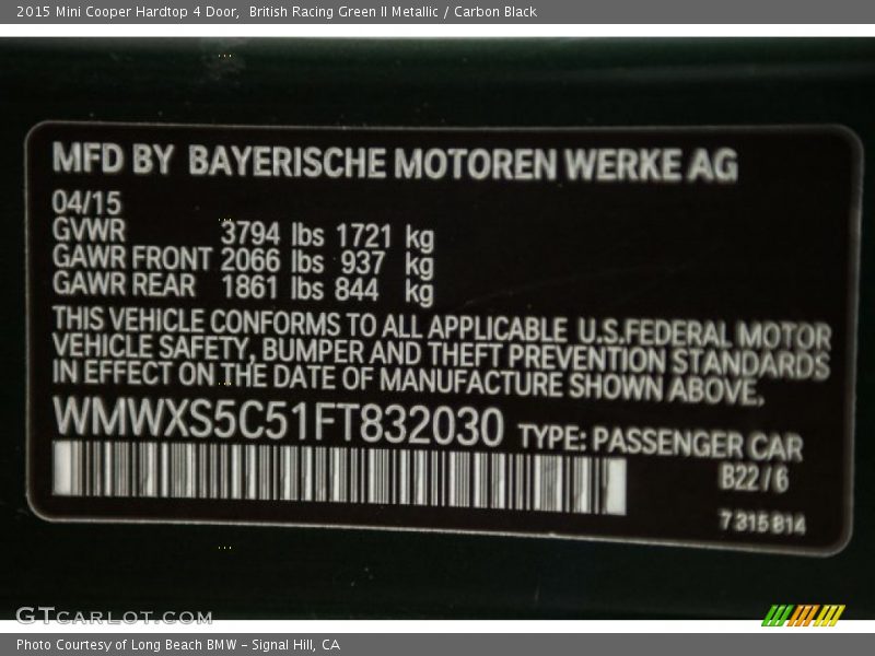 British Racing Green II Metallic / Carbon Black 2015 Mini Cooper Hardtop 4 Door
