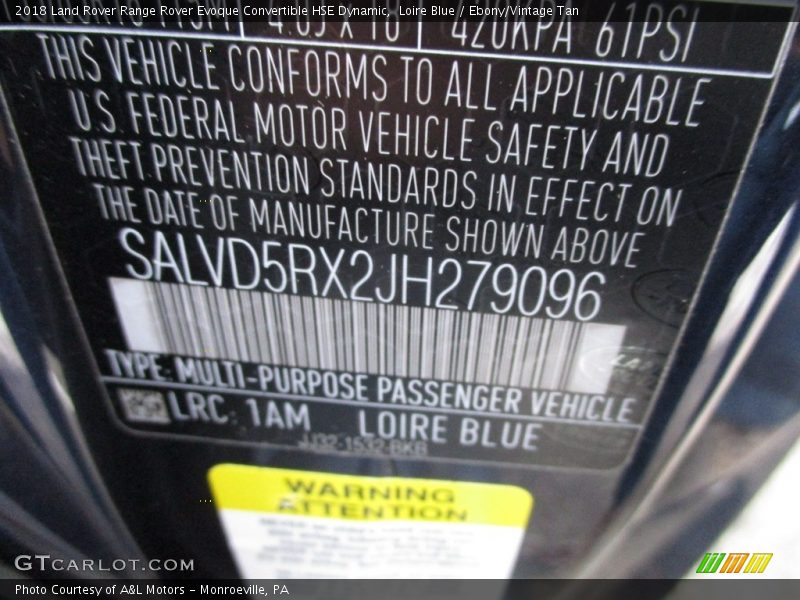 2018 Range Rover Evoque Convertible HSE Dynamic Loire Blue Color Code 1AM
