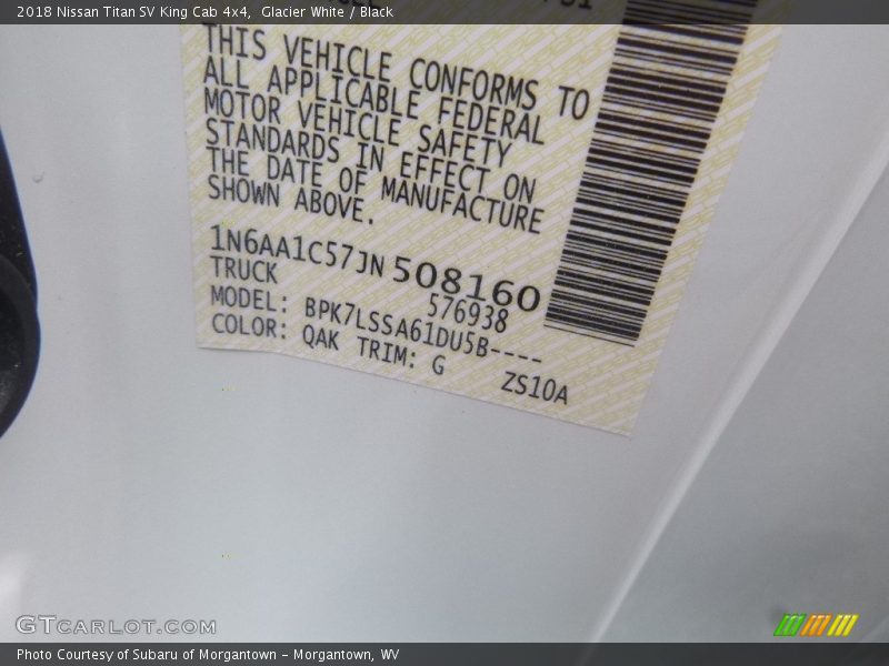 2018 Titan SV King Cab 4x4 Glacier White Color Code QAK