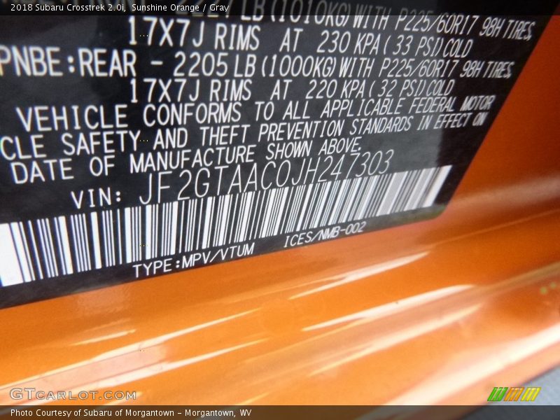 Sunshine Orange / Gray 2018 Subaru Crosstrek 2.0i