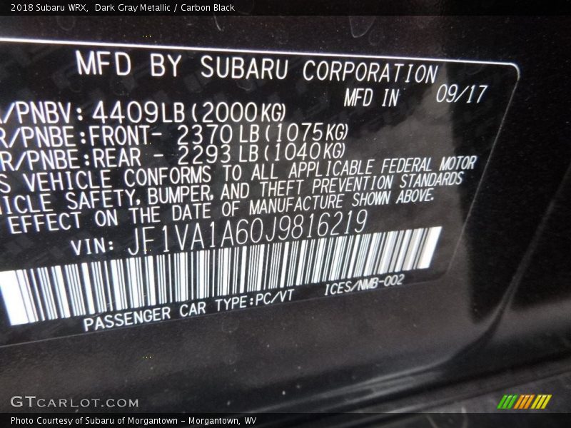 Dark Gray Metallic / Carbon Black 2018 Subaru WRX