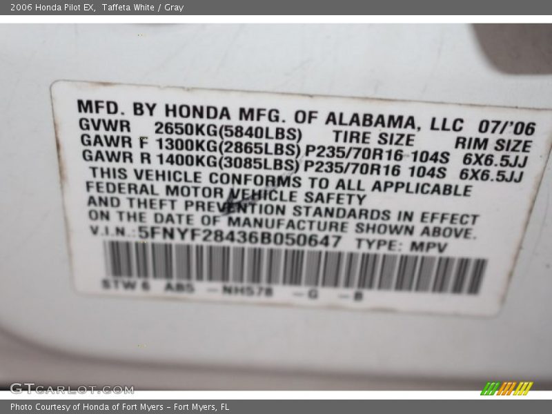 Taffeta White / Gray 2006 Honda Pilot EX
