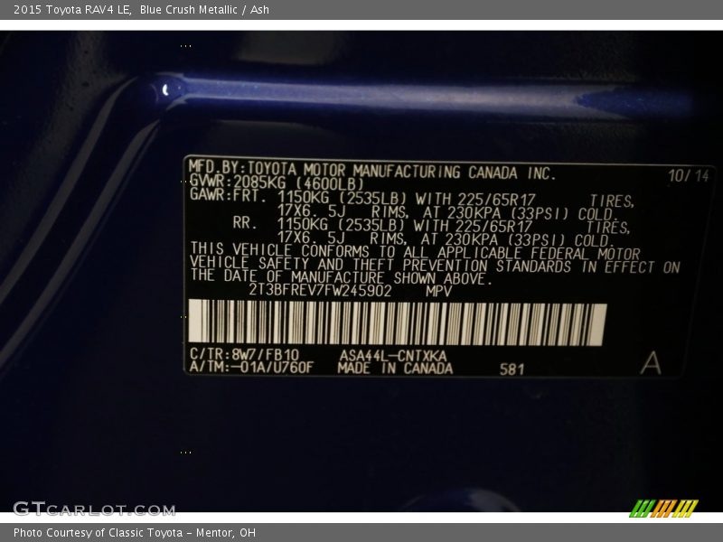 Blue Crush Metallic / Ash 2015 Toyota RAV4 LE