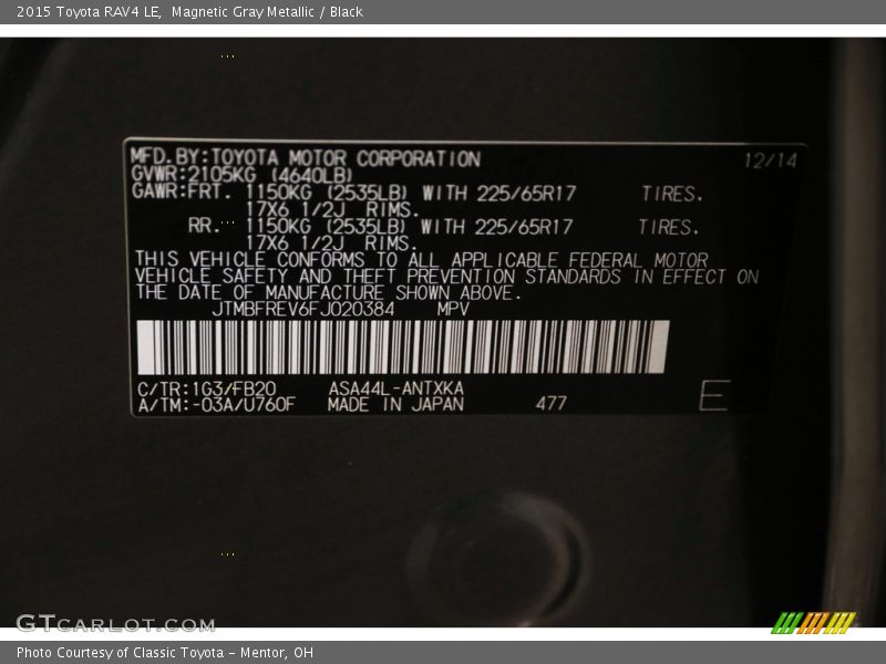 Magnetic Gray Metallic / Black 2015 Toyota RAV4 LE
