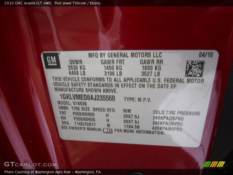 Red Jewel Tintcoat / Ebony 2010 GMC Acadia SLT AWD