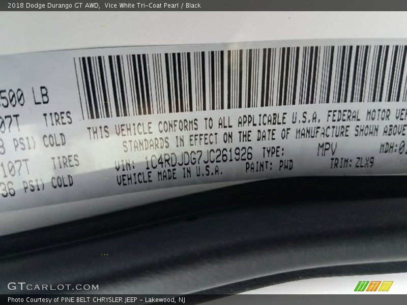 Vice White Tri-Coat Pearl / Black 2018 Dodge Durango GT AWD