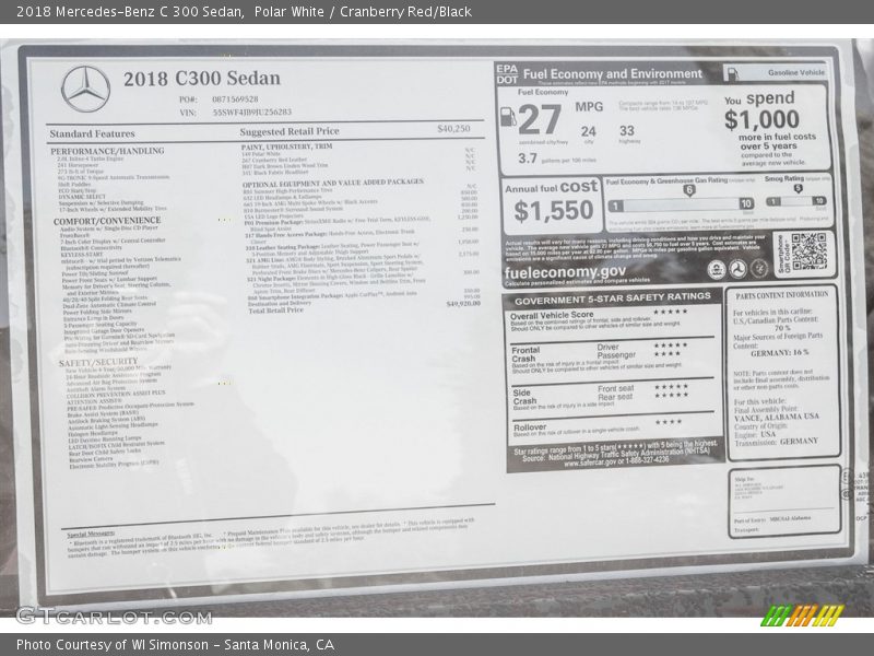 Polar White / Cranberry Red/Black 2018 Mercedes-Benz C 300 Sedan