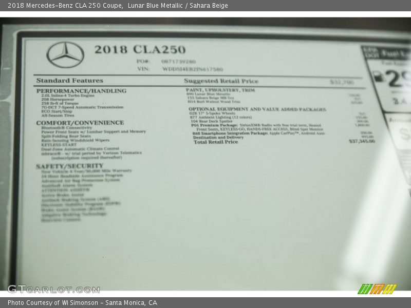 Lunar Blue Metallic / Sahara Beige 2018 Mercedes-Benz CLA 250 Coupe