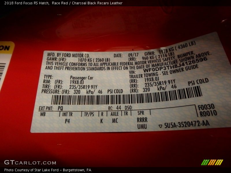 2018 Focus RS Hatch Race Red Color Code PQ