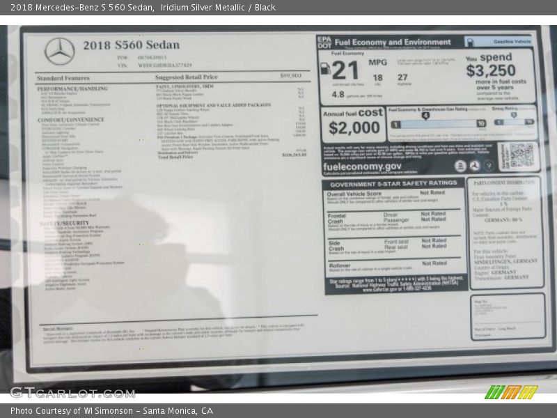 Iridium Silver Metallic / Black 2018 Mercedes-Benz S 560 Sedan